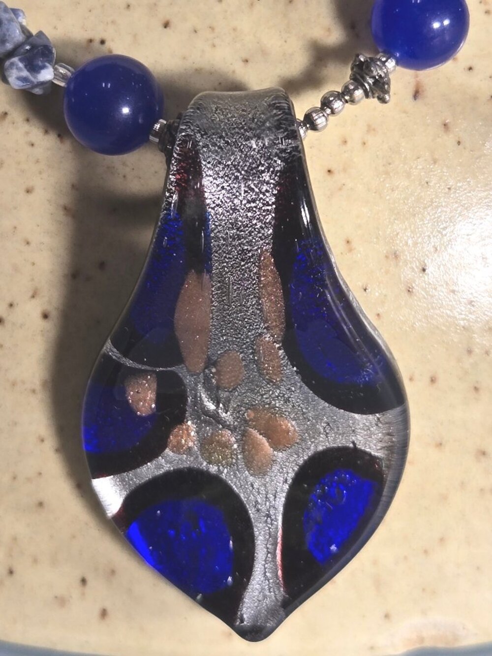 Cobalt Blue Art Glass Necklace Set, Handmade Silver Foil Pendant & Earrings NOS